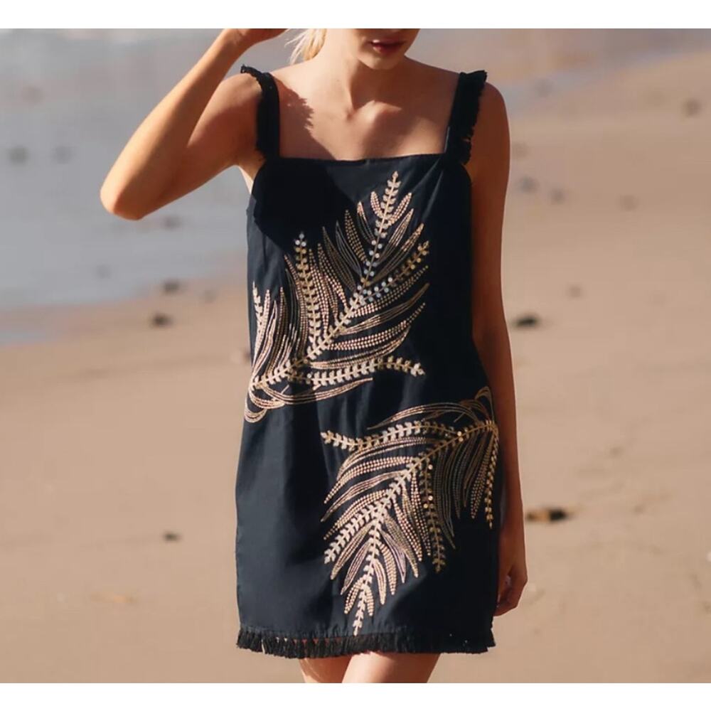 Anthropologie The Sariah Fringe Black Gold Mini Summer Dress Size S-M